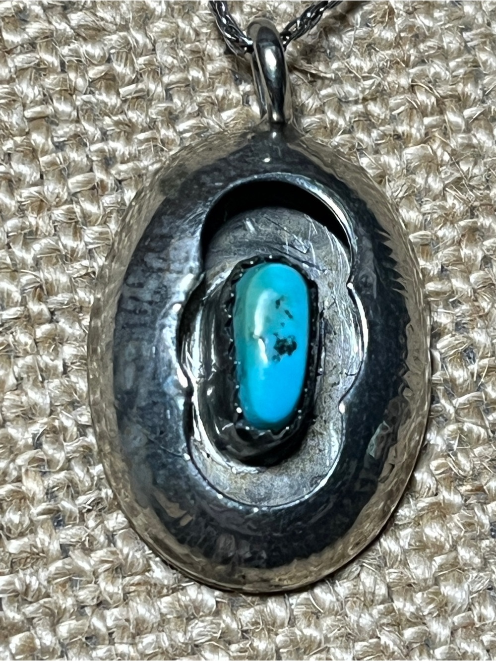 Vintage Sterling & Turquoise Southwest Native American Necklace Oval Pendant